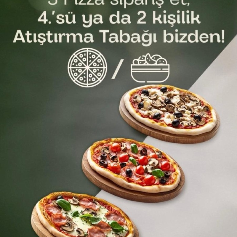3 pizza + 1 pizza veya atıştırmalık tabağı